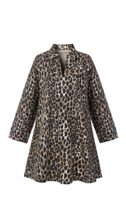 Leopard print tunic dress with a V-neck and 3/4 sleeves.