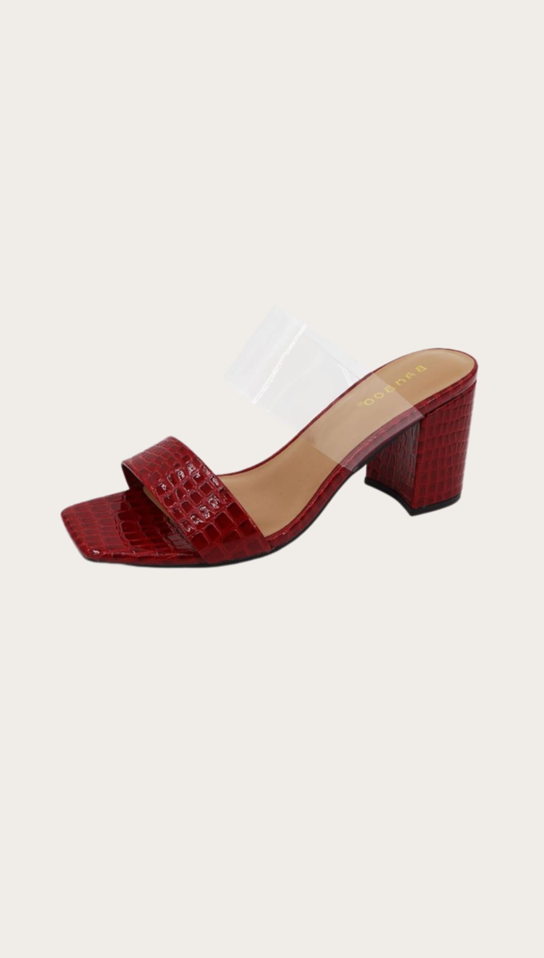 Red crocodile-patterned heeled sandal.