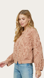 Floral-patterned bomber jacket.