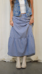 Blue and white gingham maxi skirt.