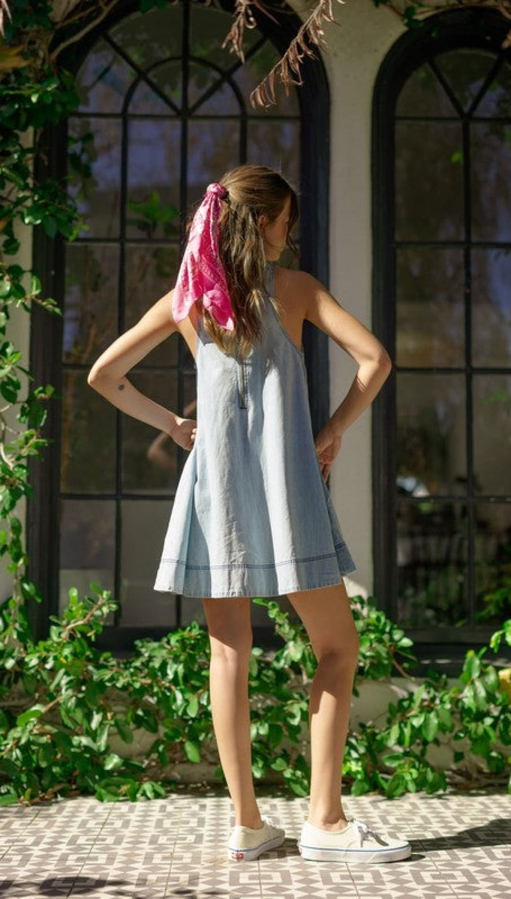 Denim halter dress.