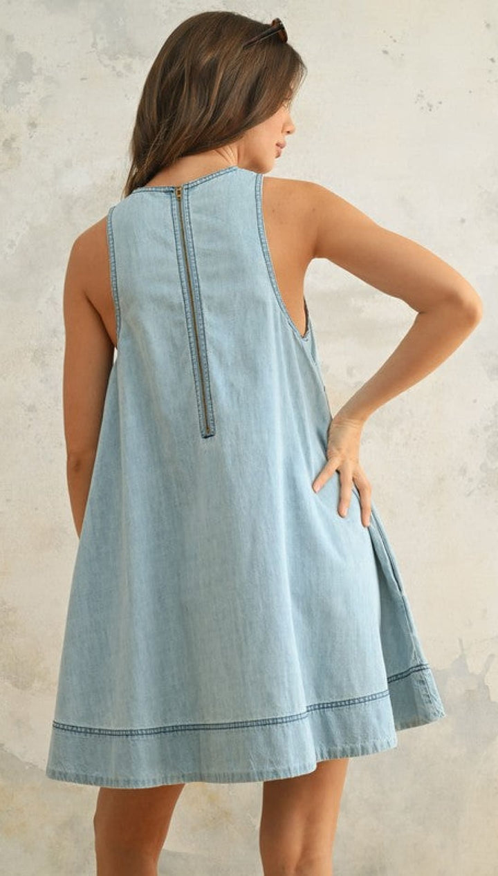 Light blue denim dress.