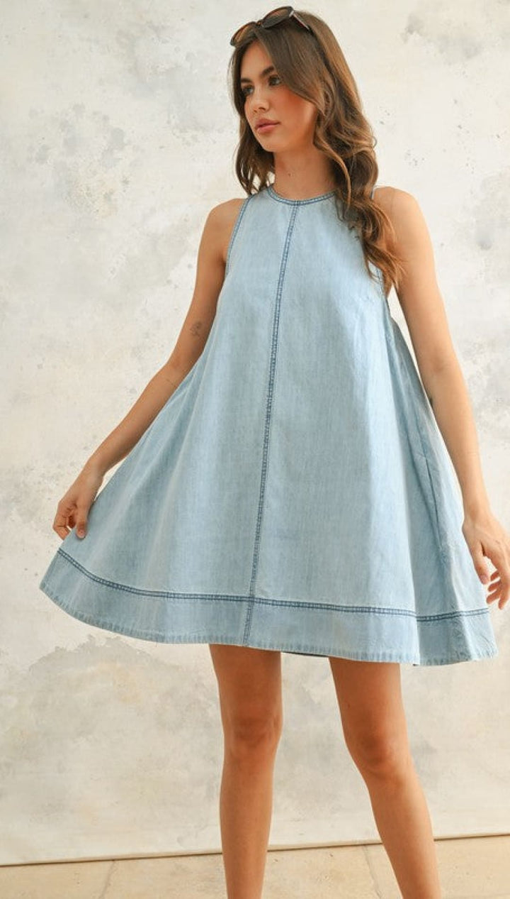 Light blue denim swing dress.