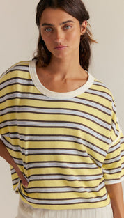 Yellow and white striped t-shirt with short sleeves, made of cotton.