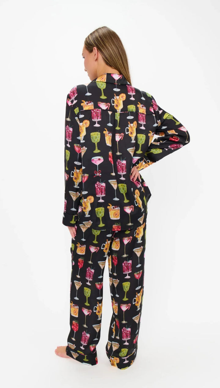 Black cocktail-themed pajama set with colorful drinks and glasses design, soft cotton material.