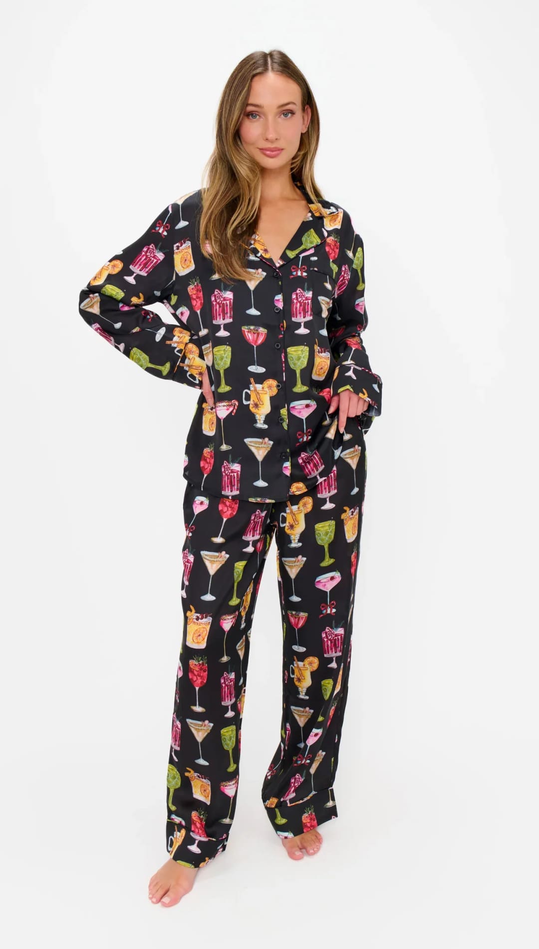 Black cocktail-themed pajama set with colorful drinks and glasses design, likely made of soft cotton or polyester blend.