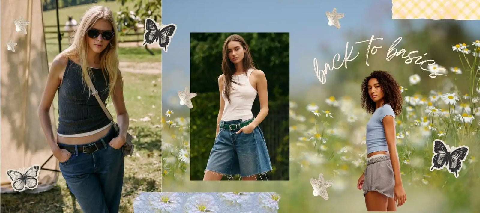 Collage of women in casual summer outfits.