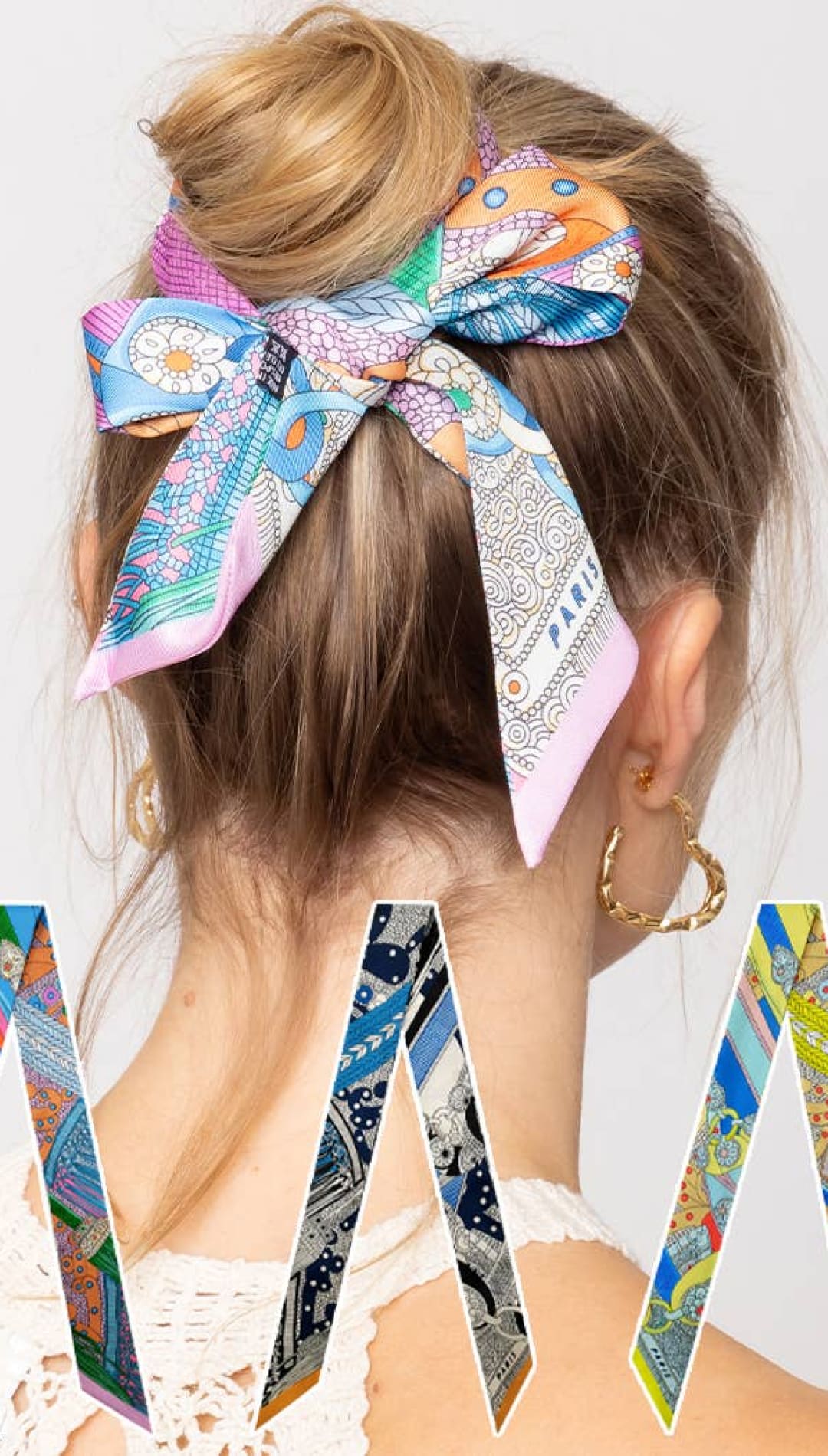 Colorful patterned hair scarf.