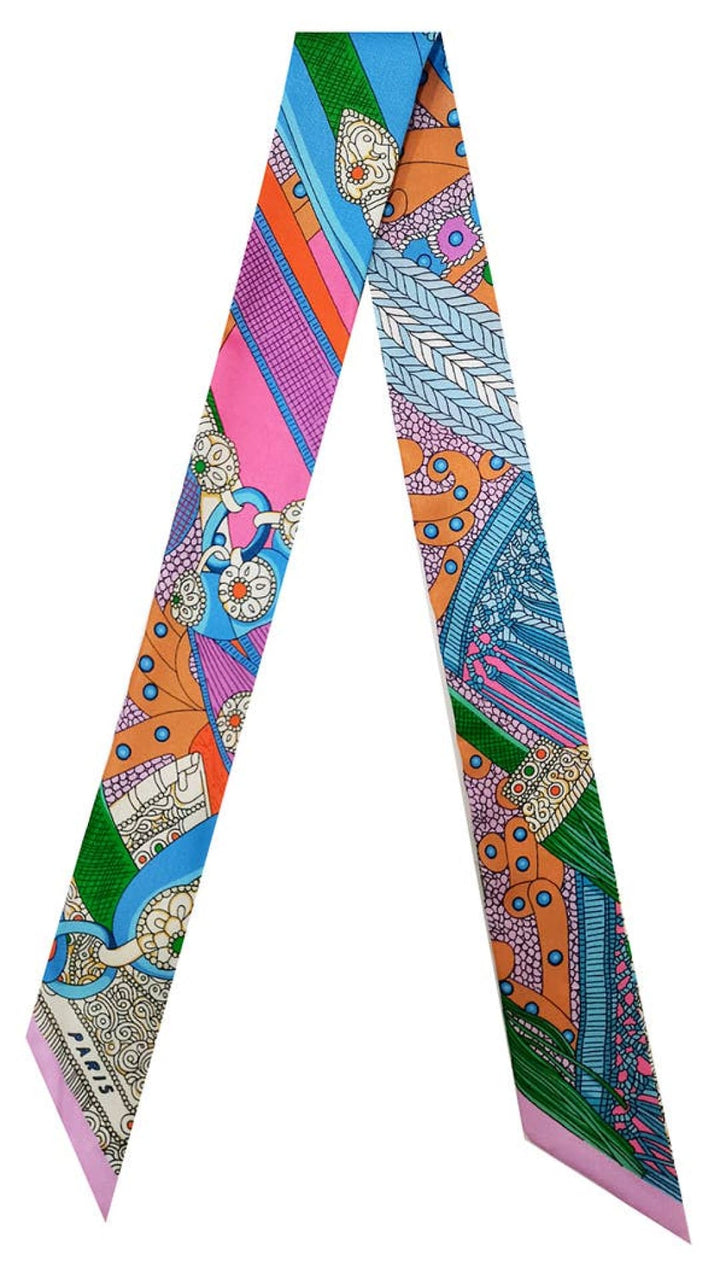 Colorful patterned silk scarf.