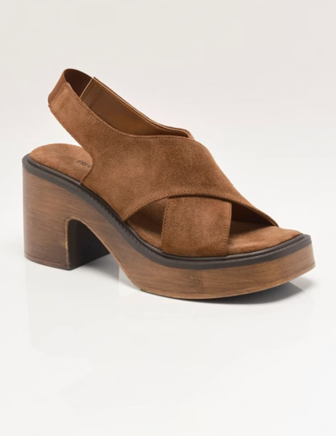 Brown suede cross-strap platform sandal with a chunky wooden heel.