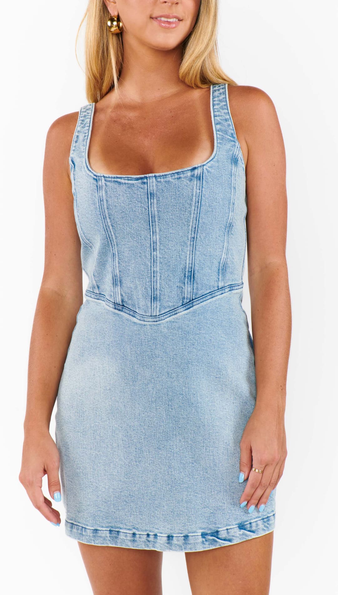 Light blue denim mini dress.