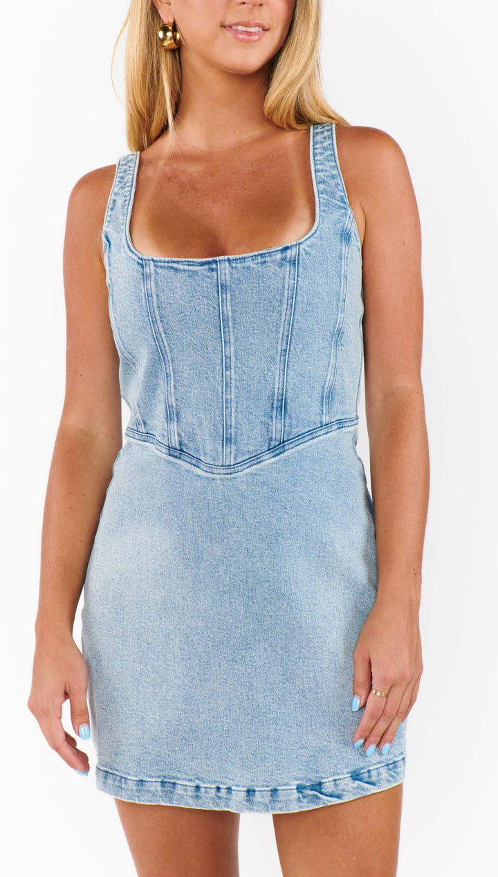 Light blue denim mini dress.