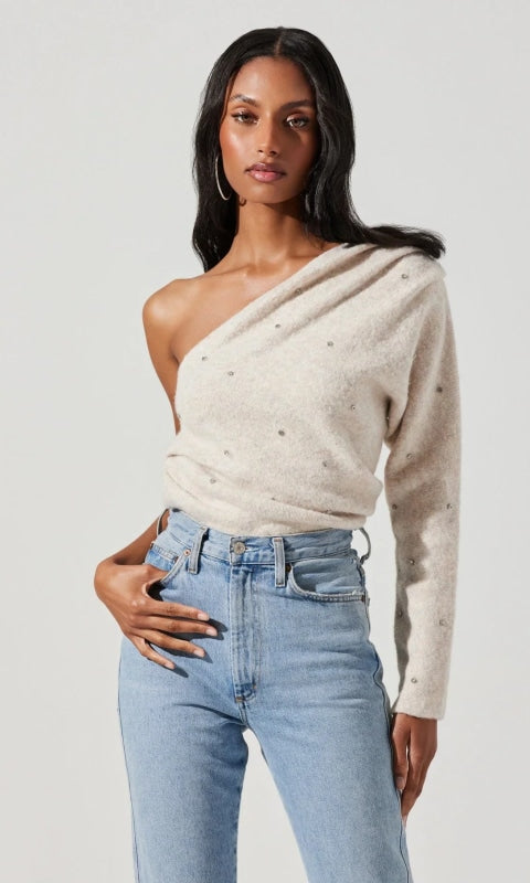 Cosima One Sleeve Embellished Sweater - 110 Long Sleeve