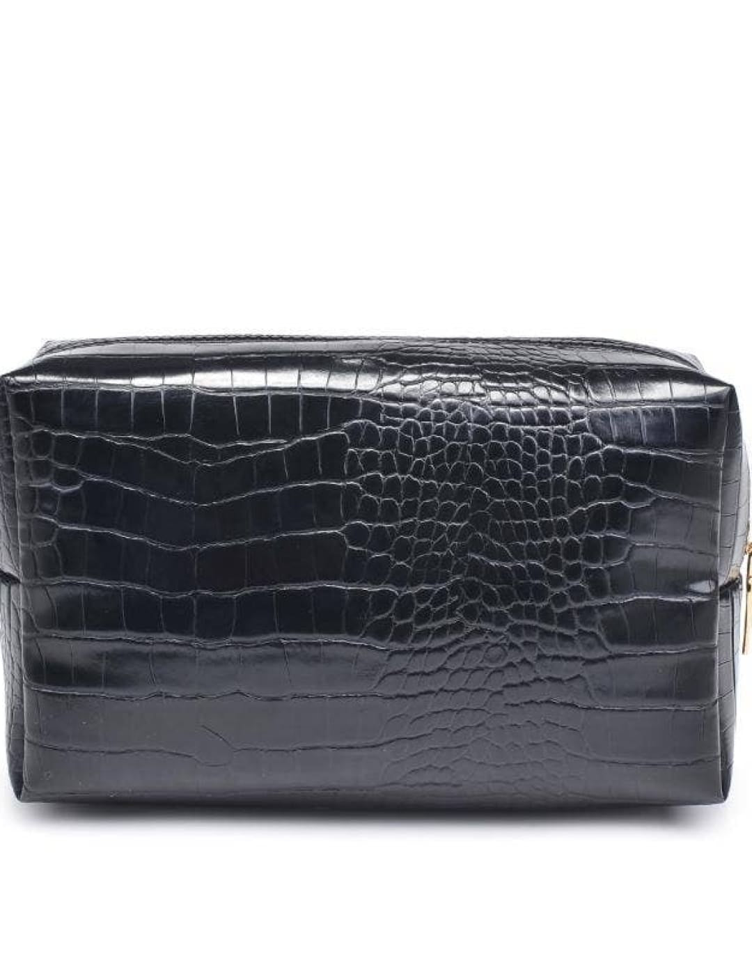 Black crocodile-patterned leather toiletry bag with silver zipper.