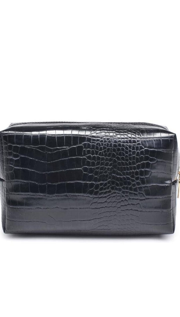 Black crocodile-patterned leather toiletry bag with silver zipper.