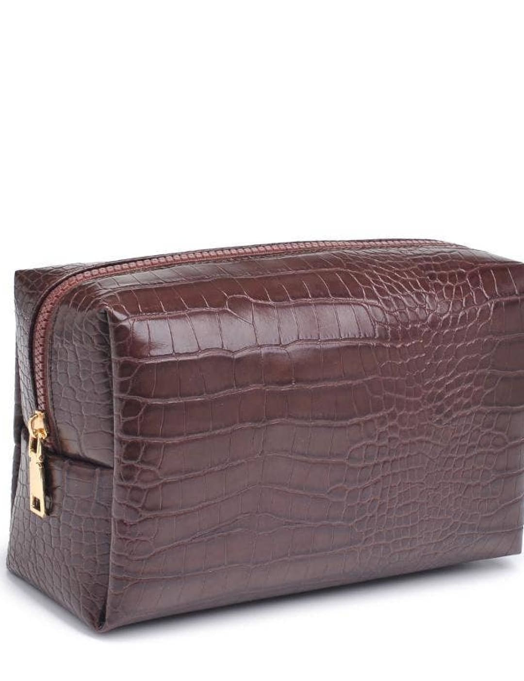 Brown crocodile-patterned leather cosmetic bag with gold zipper.