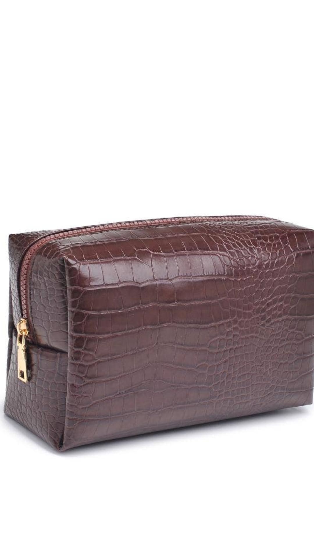Brown crocodile-patterned leather cosmetic bag with gold zipper.