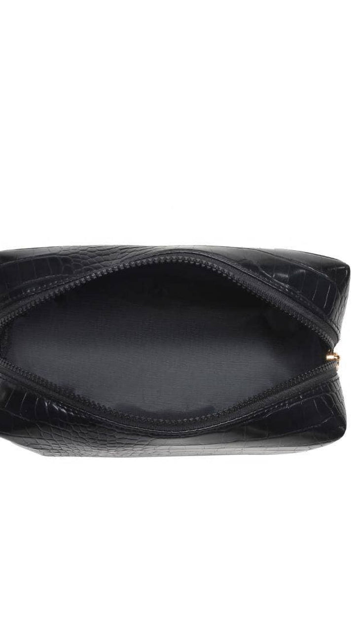 Black crocodile-patterned leather pouch with gold zipper.