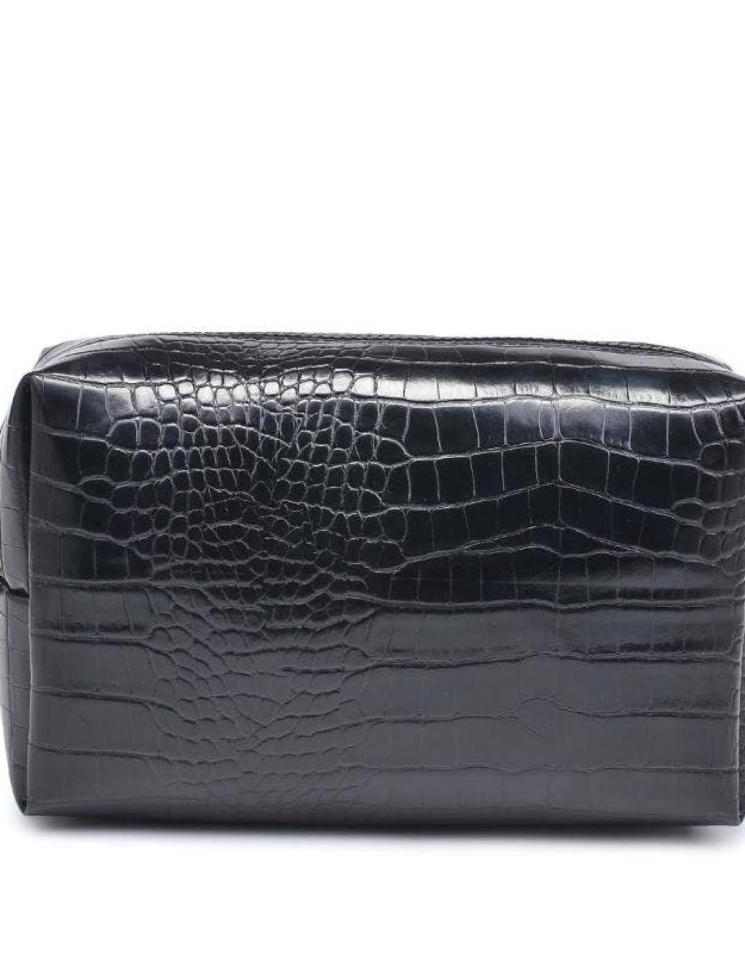 Black crocodile-patterned leather cosmetic bag with gold zipper.