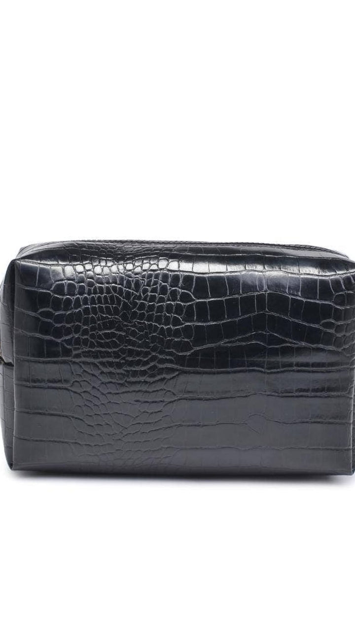 Black crocodile-patterned leather cosmetic bag with gold zipper.