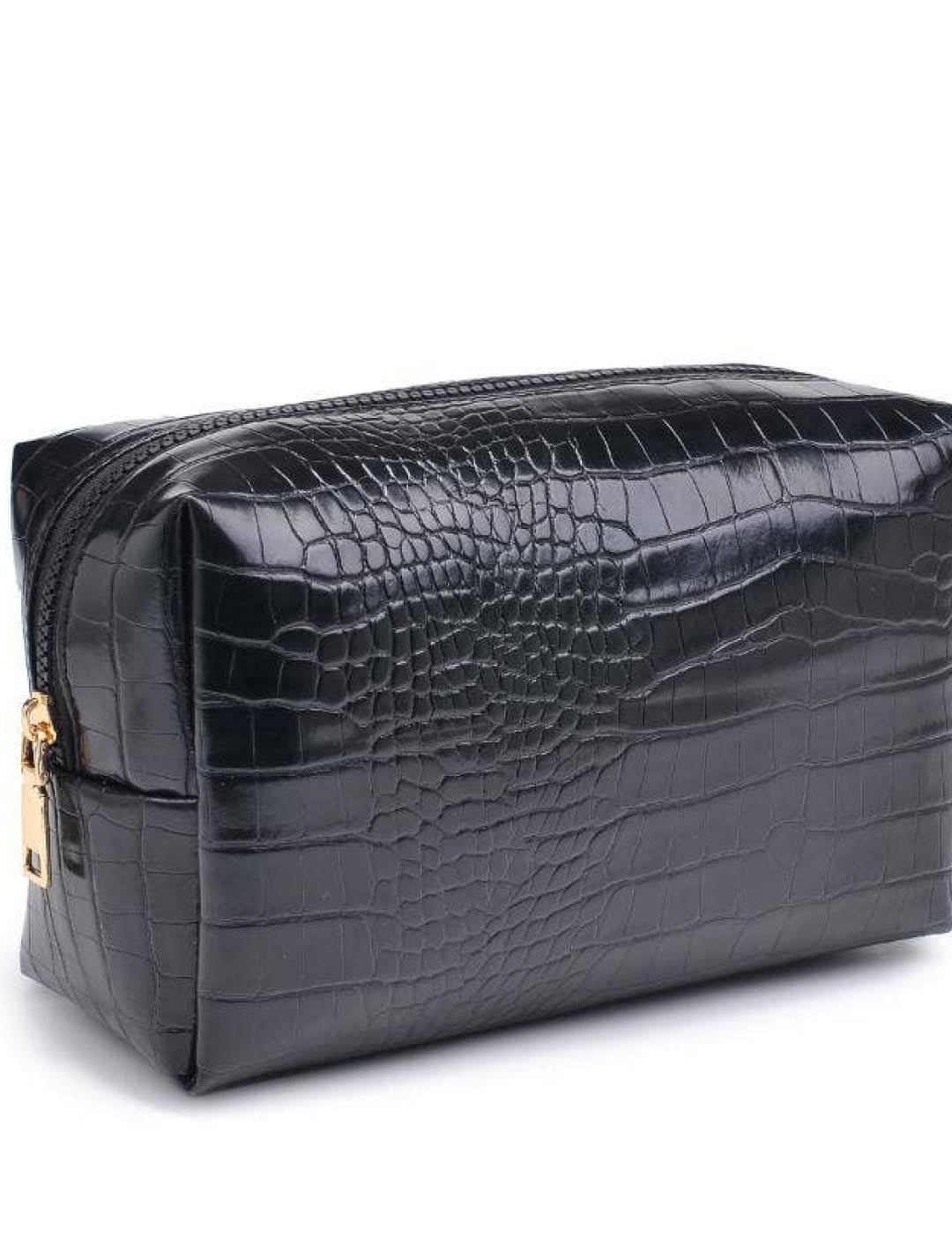 Black crocodile-patterned leather toiletry bag with gold zipper.