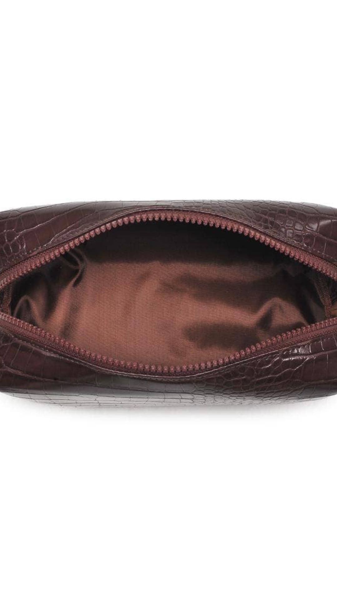 Brown crocodile skin zippered pouch with burgundy lining and zipper pull.