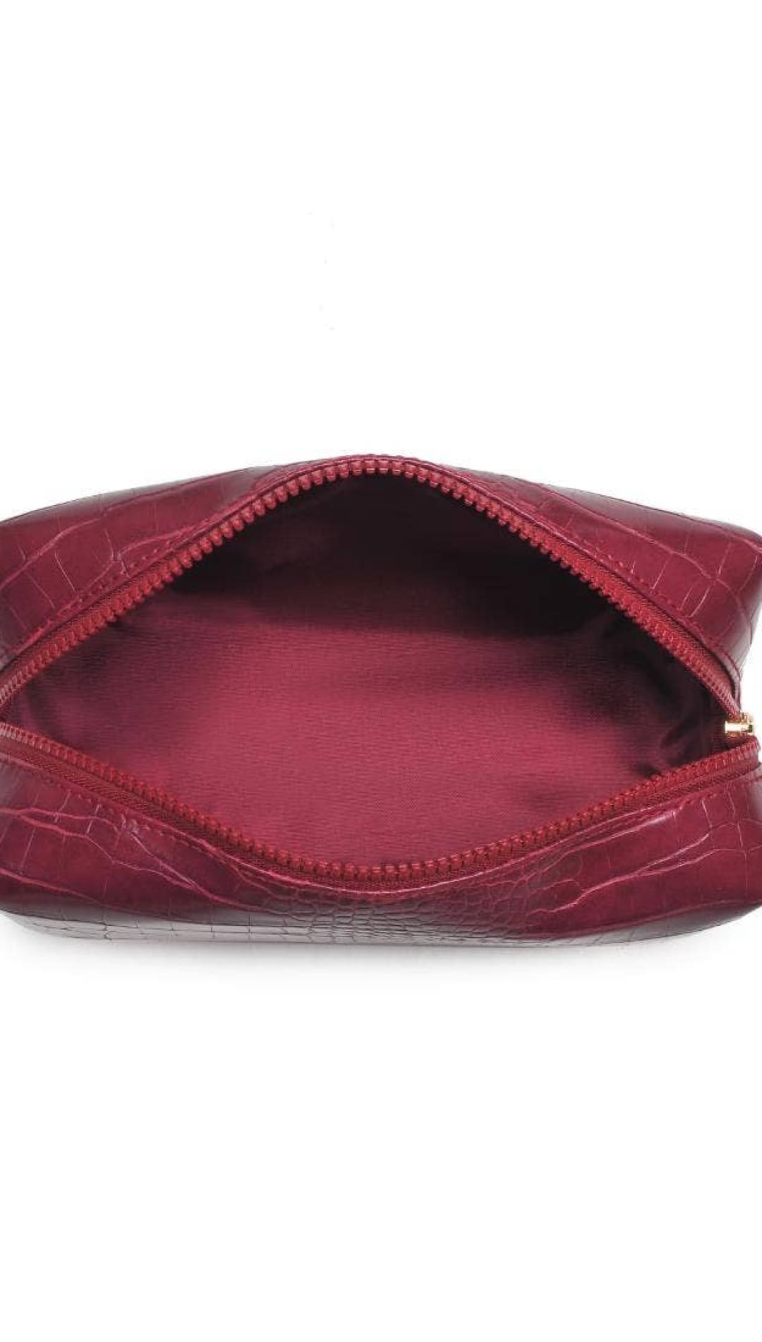 Burgundy leather zippered pouch with a subtle embossed pattern.