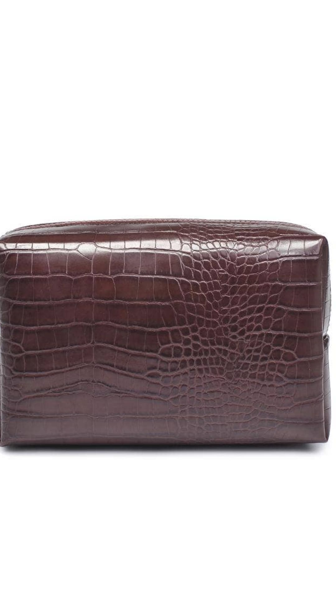 Crocodile-patterned brown leather toiletry bag with gold zipper.