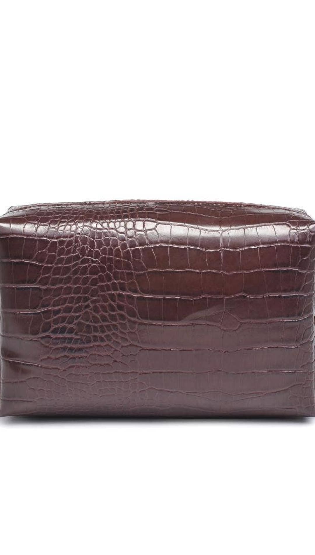 Crocodile-patterned brown leather cosmetic bag with zipper closure.