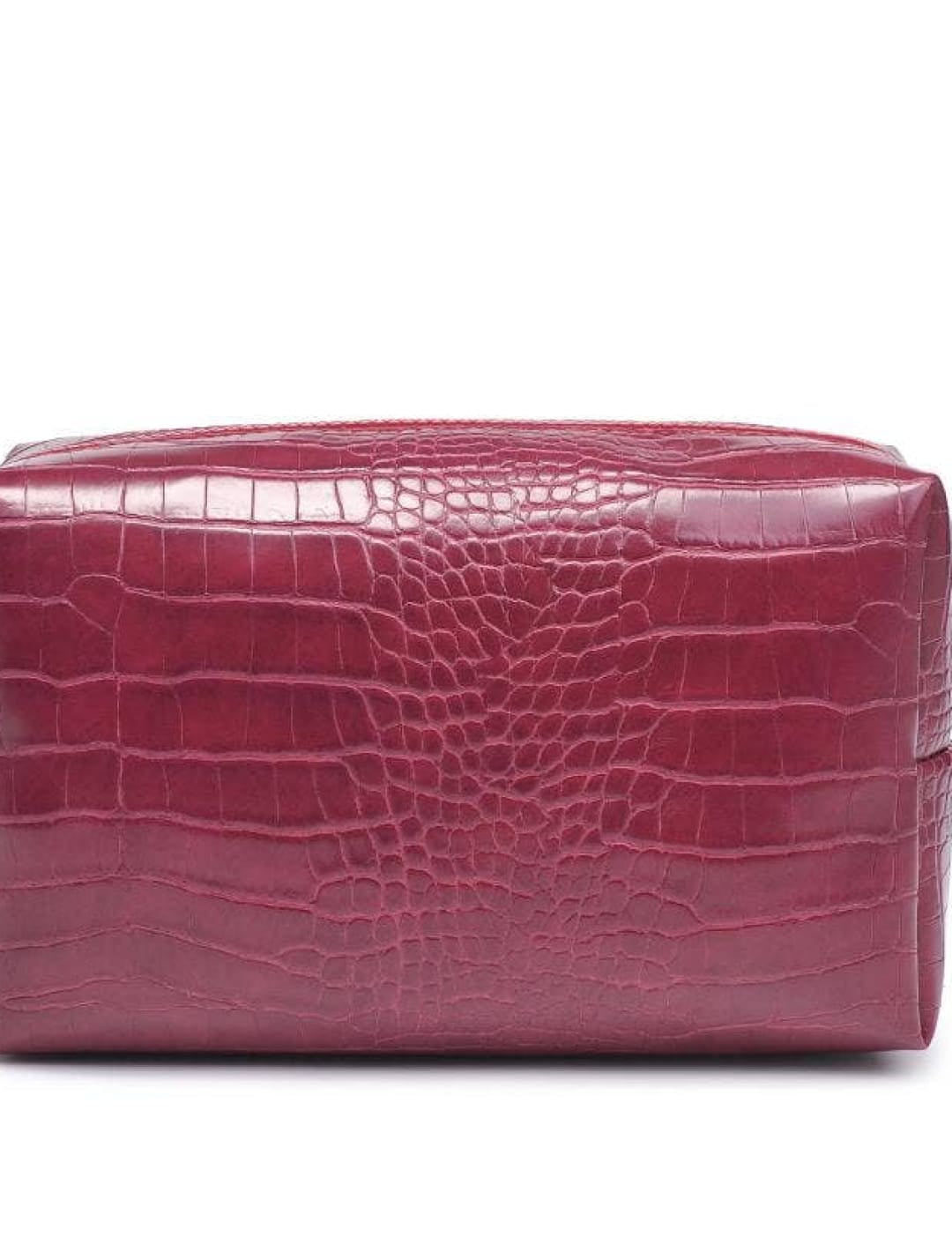Crocodile-patterned purple leather cosmetic bag with zipper closure.