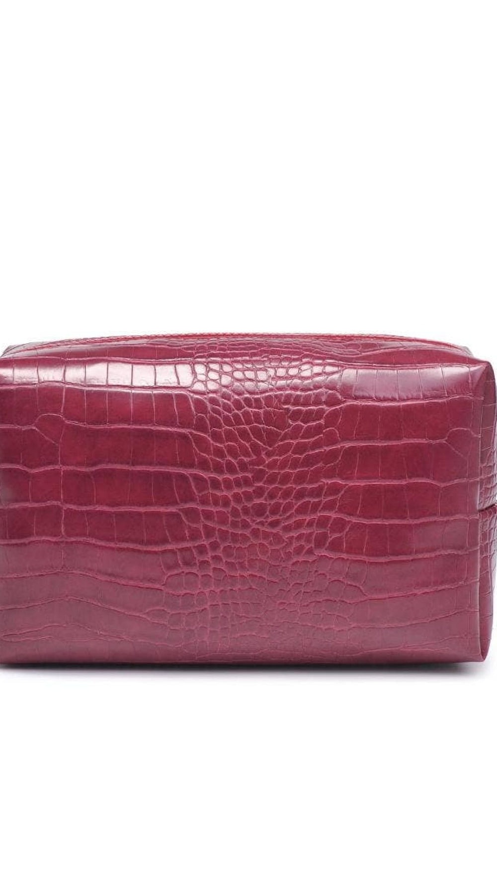 Crocodile-patterned purple leather cosmetic bag with zipper closure.