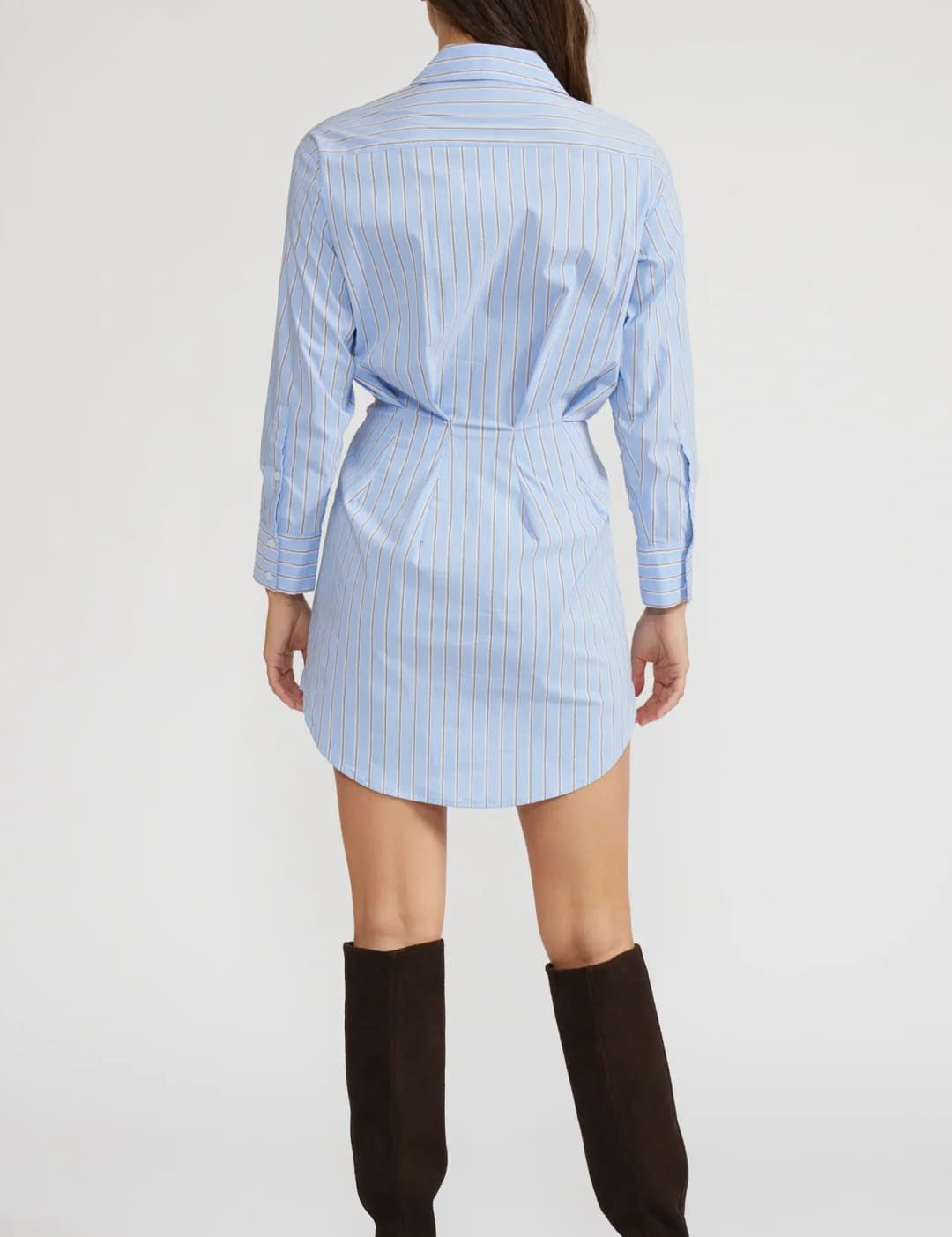 Light blue and white striped long-sleeve shirtdress with a cinched waist.