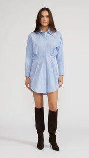 Light blue and white striped long-sleeve shirt dress with a cinched waist.