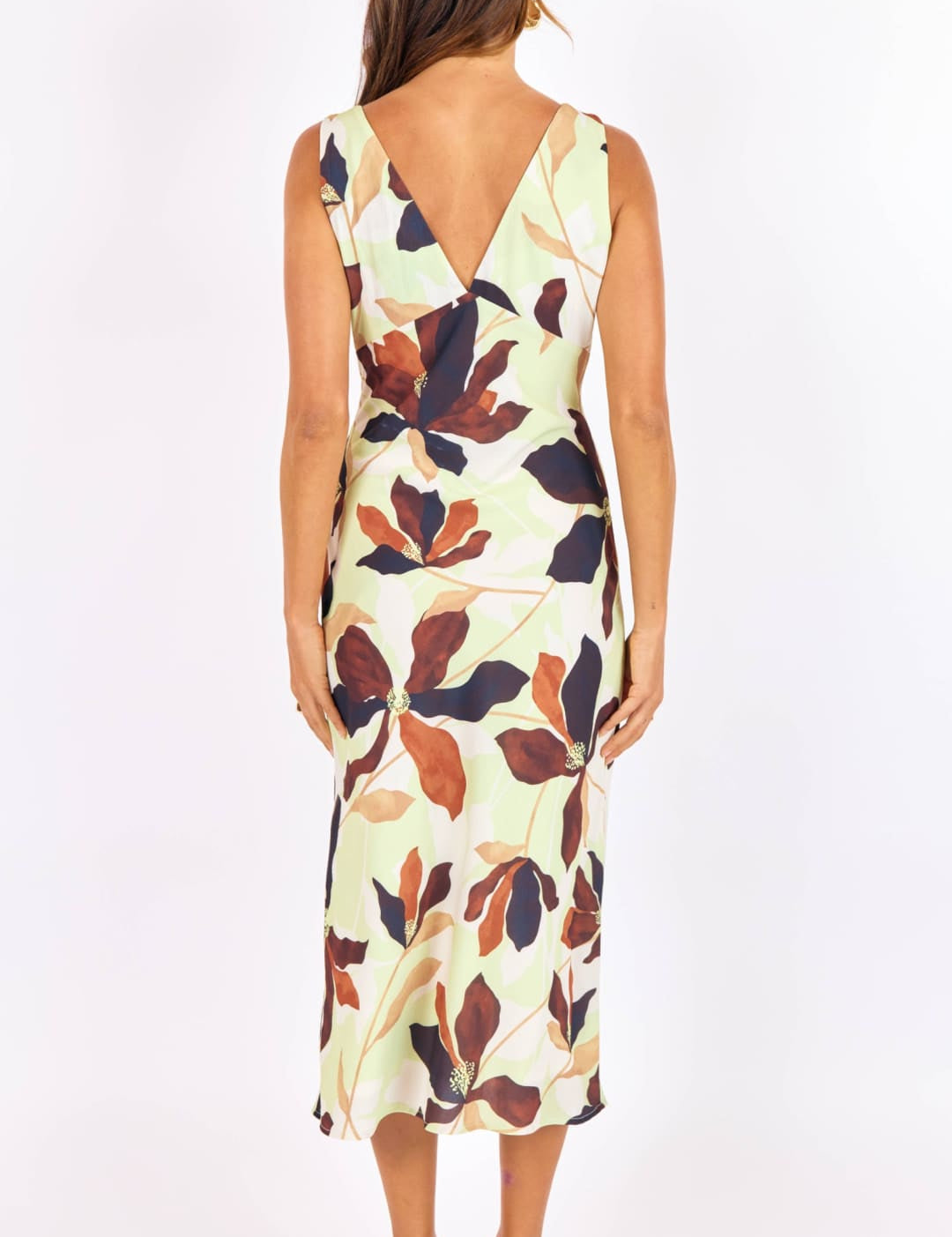 A sleeveless, knee-length dress in a light green satin fabric featuring an elegant floral pattern with deep red and navy blue leaves.