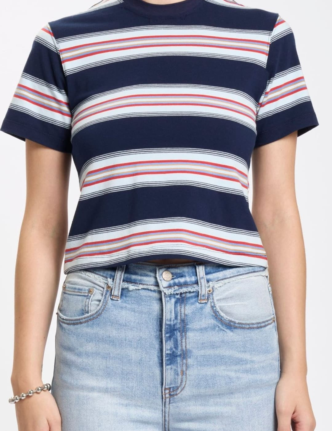 Navy blue, red, and white horizontally striped short-sleeve t-shirt with a crew neck.