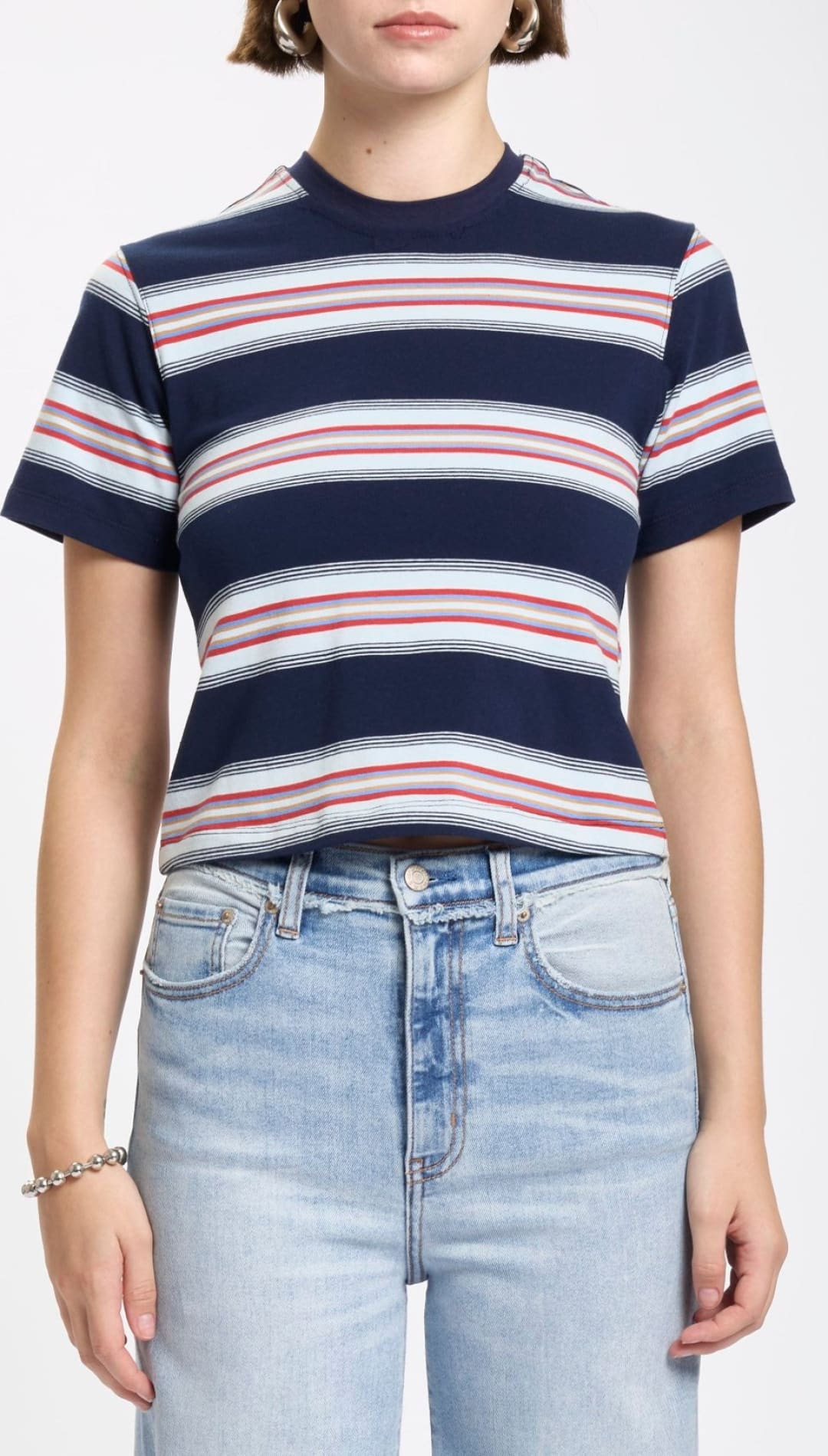 Navy blue, red, and white horizontally striped short-sleeve t-shirt with a crew neck.