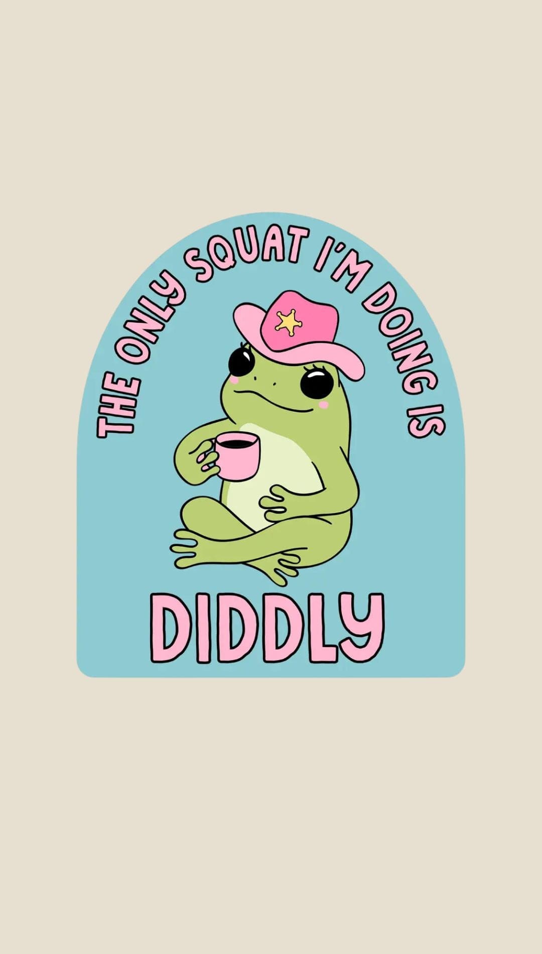 Frog plushie with pink cowboy hat and cup of coffee, blue background.