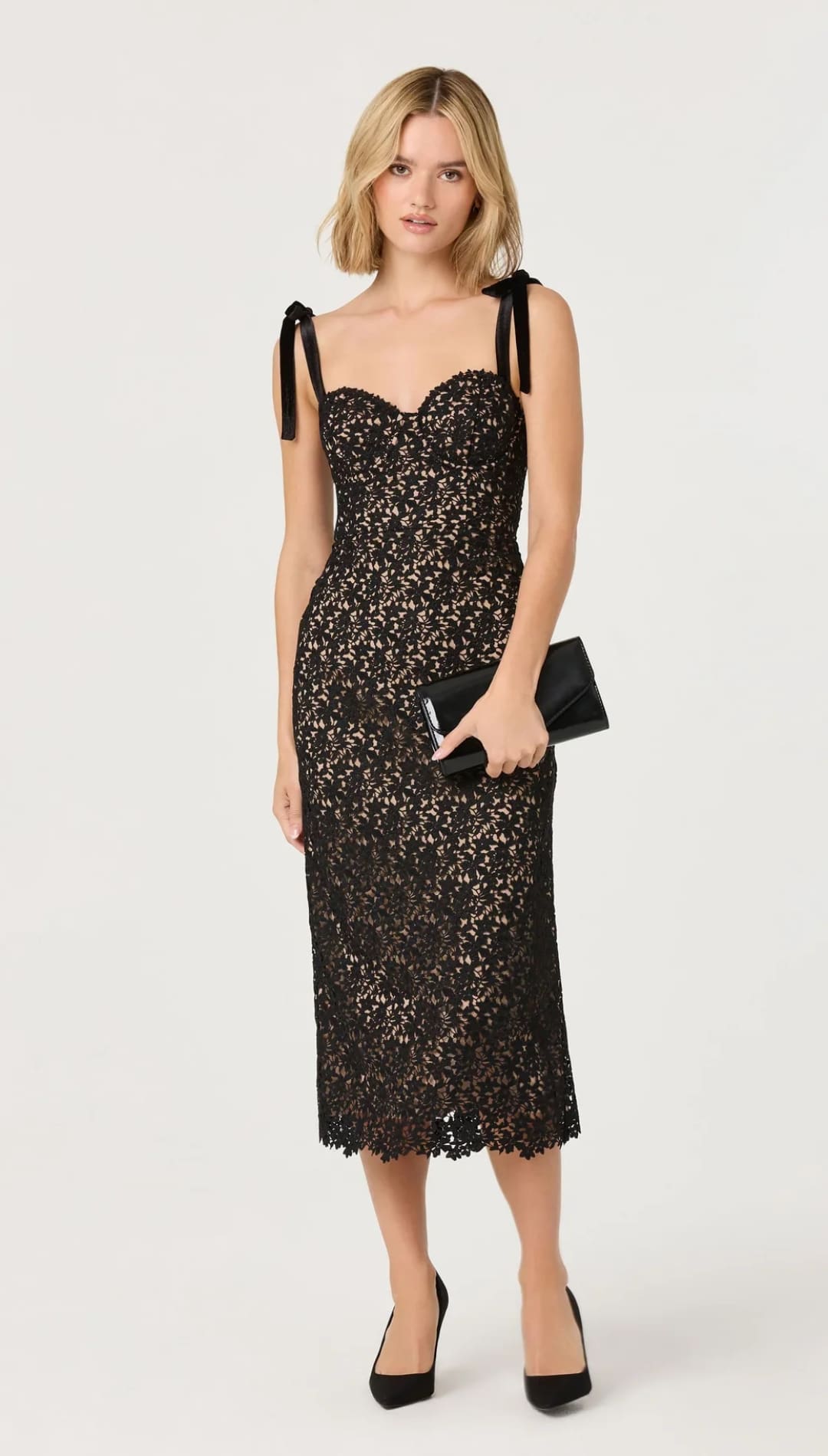 Black lace midi dress with delicate floral patterns and adjustable shoulder ties.