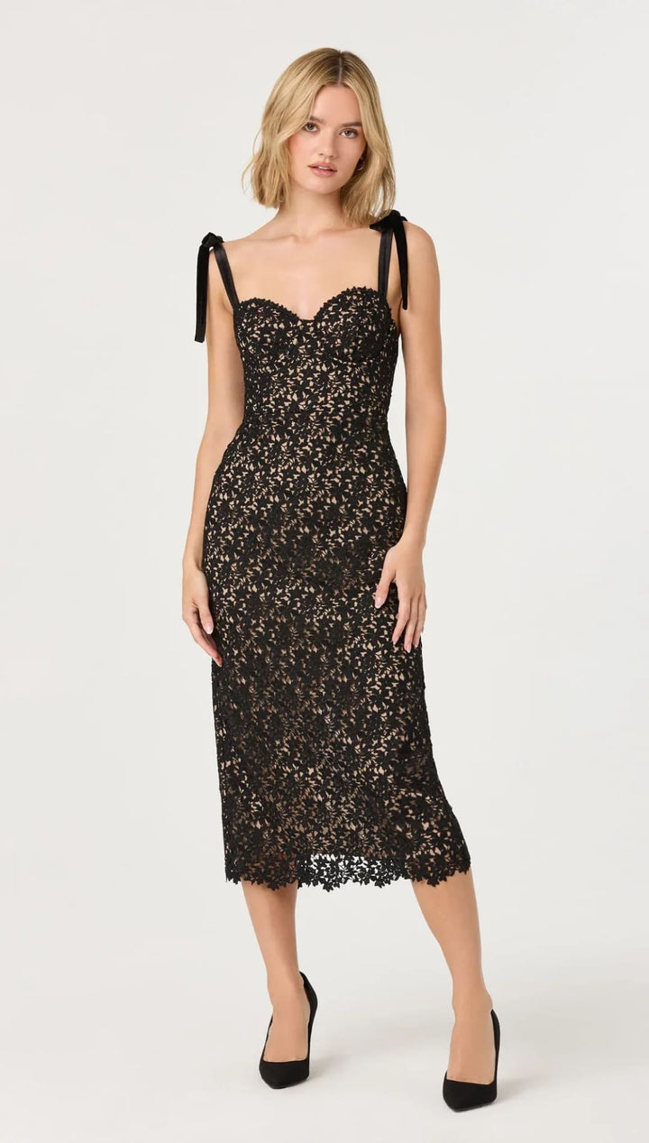 Black lace midi dress with delicate floral patterns and tied shoulder straps.