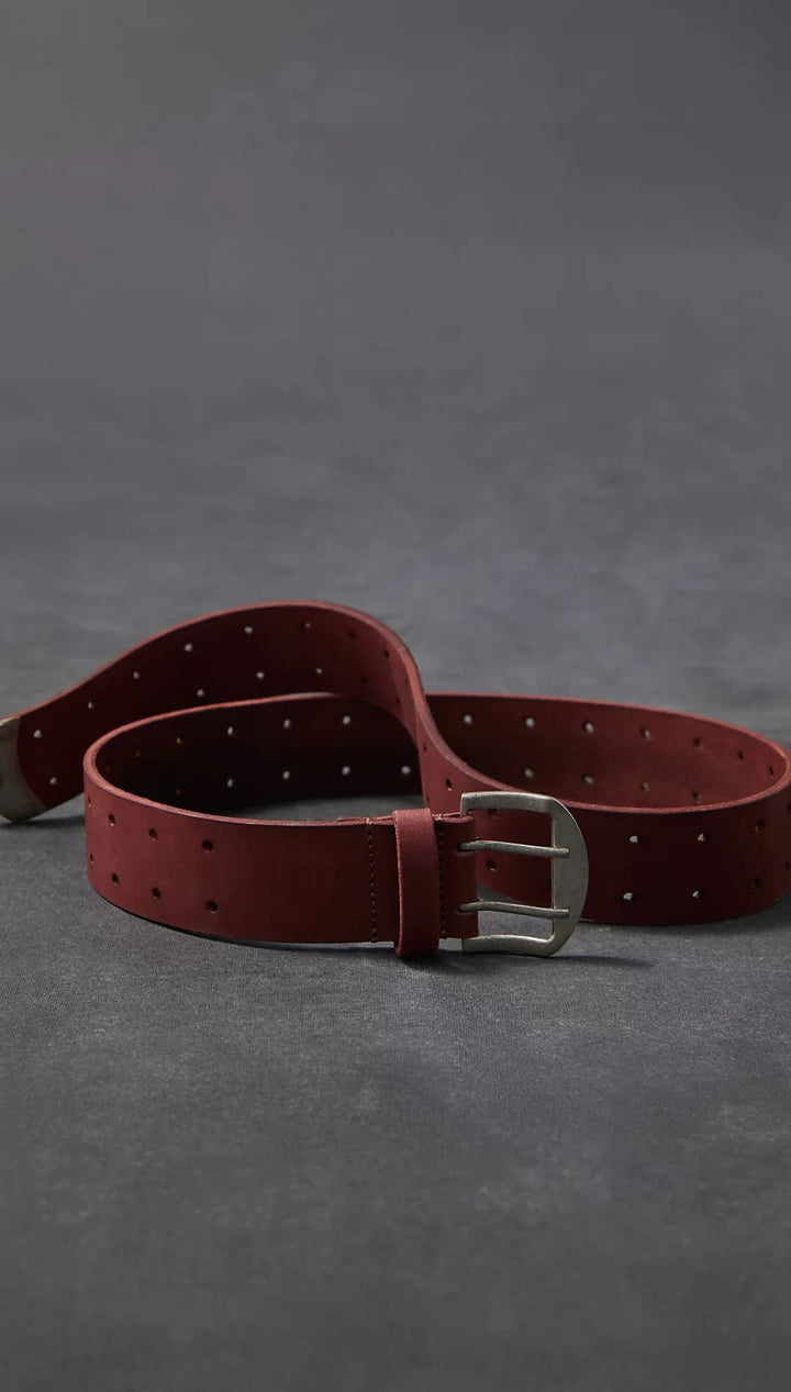 Burgundy leather belt with silver buckle.