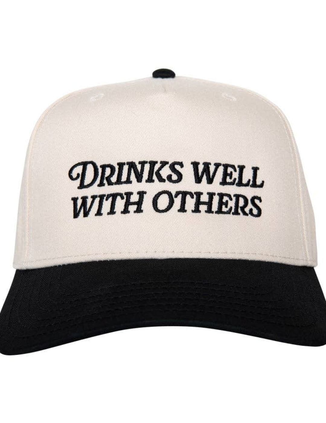 White and black trucker hat with ’drinks well with others’ text.