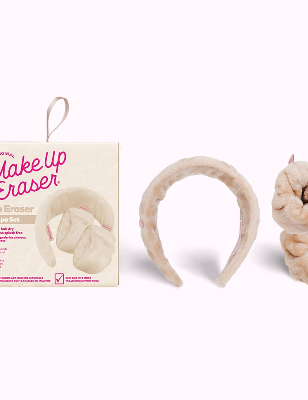 Makeup eraser headband with plush material and floral design, beige color.