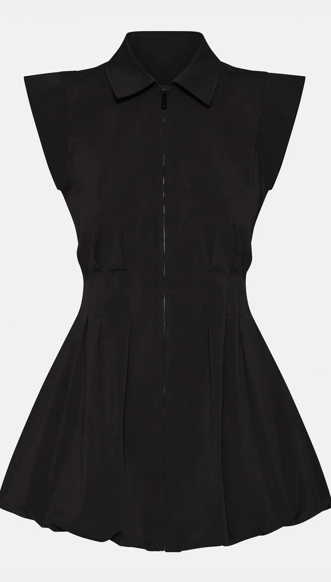 A sleeveless black mini dress with a collar, front zipper closure, and a pleated A-line skirt.