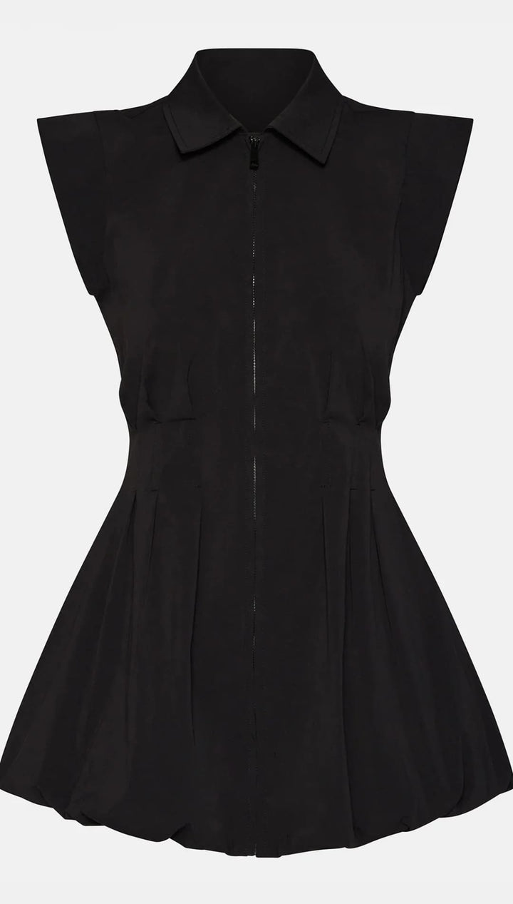 A sleeveless black mini dress with a collar, front zipper closure, and a pleated A-line skirt.