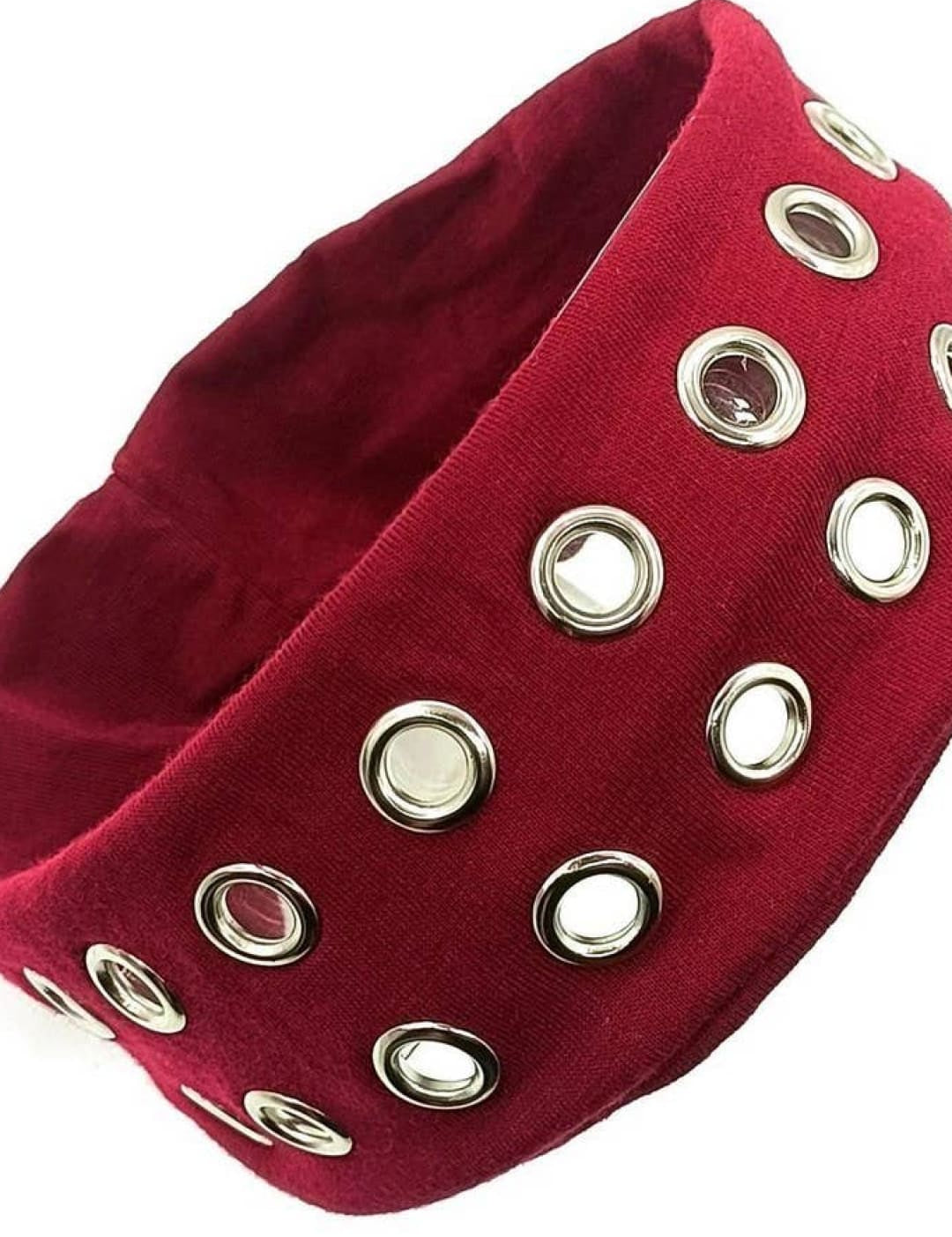 Burgundy velvet headband with silver eyelet details and adjustable elastic band