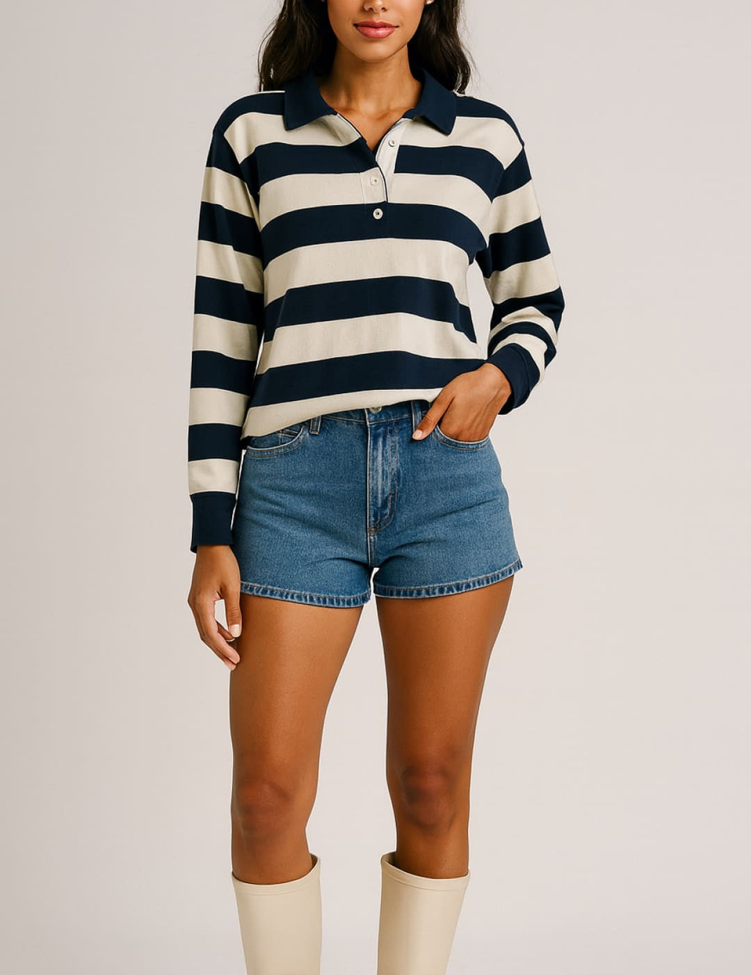 Women’s long-sleeve striped polo shirt with denim shorts and cream-colored boots.
