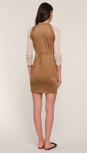 Brown suede dress with long sleeves and button-down front.