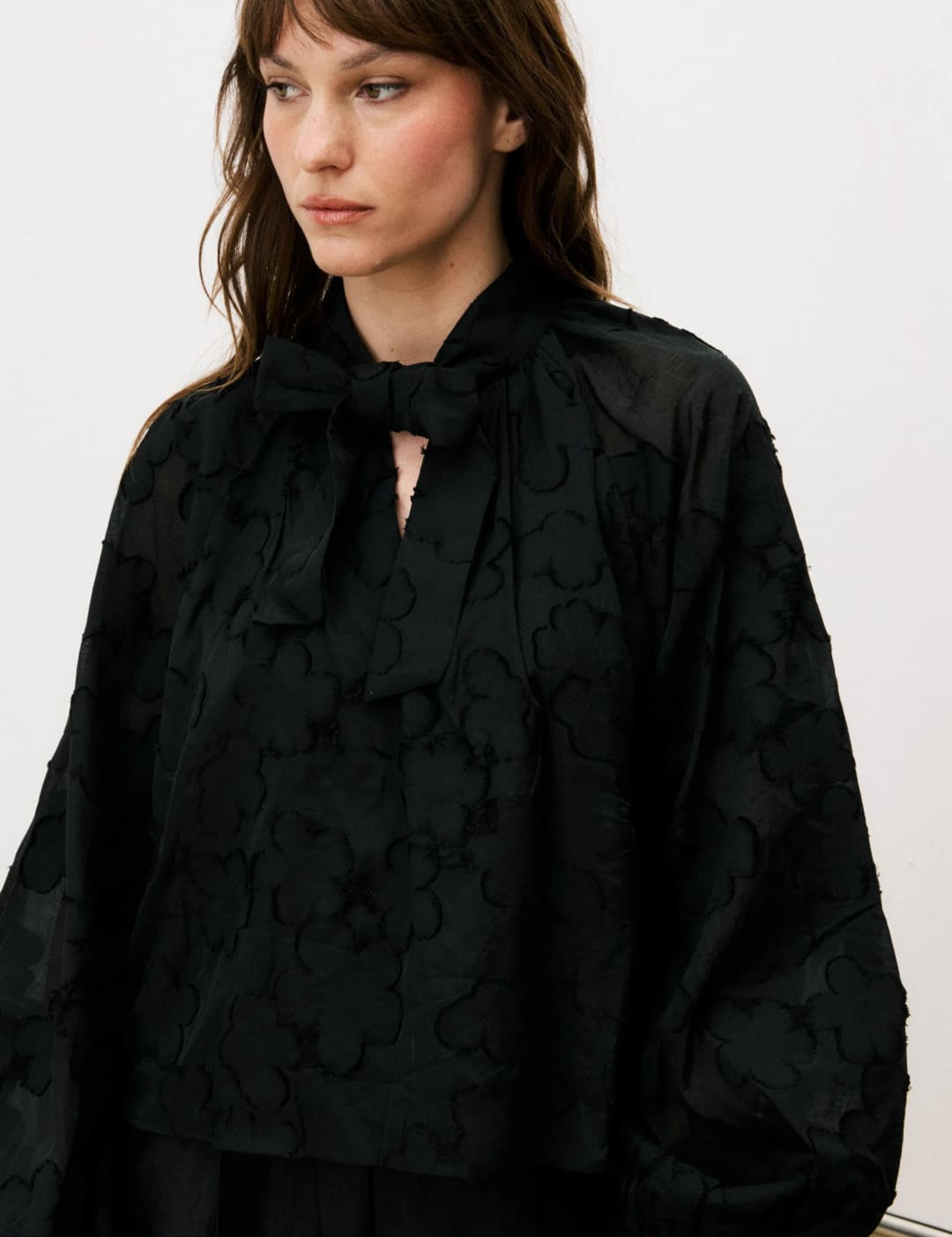 Black lace blouse with ruffled neckline and balloon sleeves.