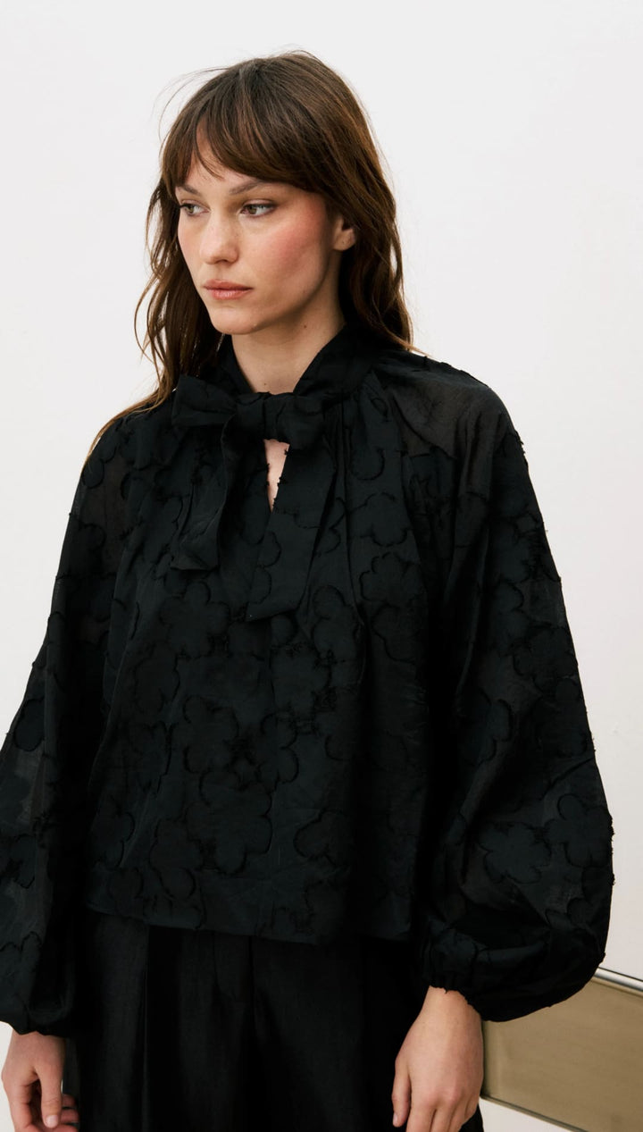 Black lace blouse with ruffled neckline and balloon sleeves.