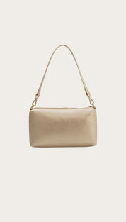 Beige rectangular shoulder bag.